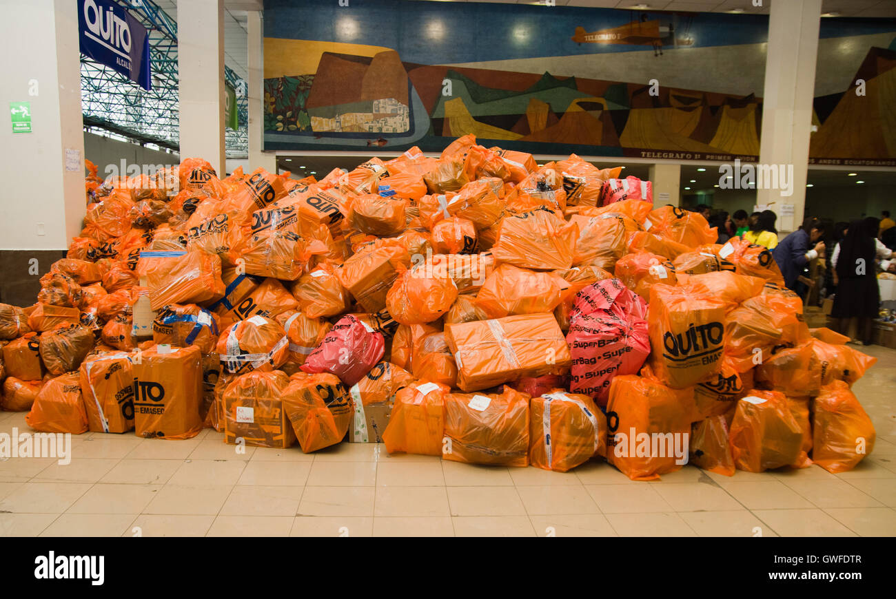 Quito, Ecuador April 23, 2016 Disaster relief food, clothes