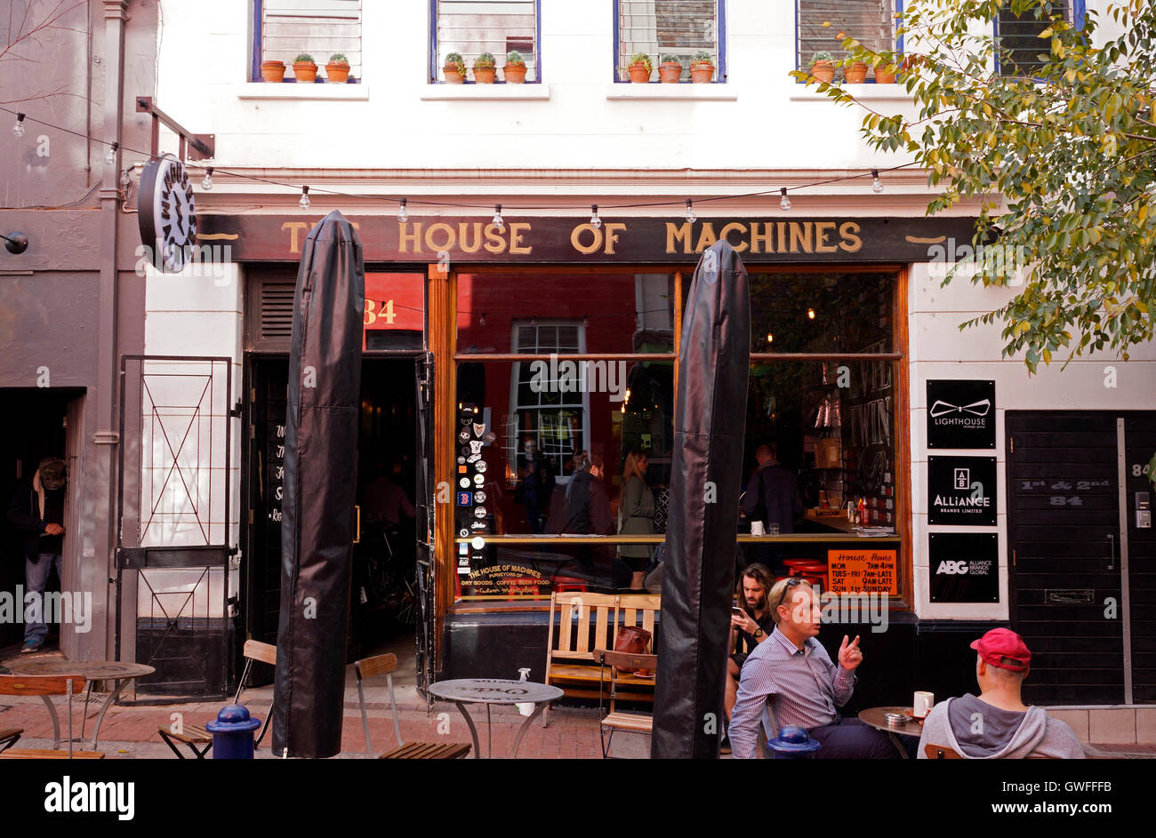 The House of Machines at 88 Shortmarket Street, Cape Town, South Africa is a trendy coffee spot, bike shop and bar in the CBD. Stock Photo
