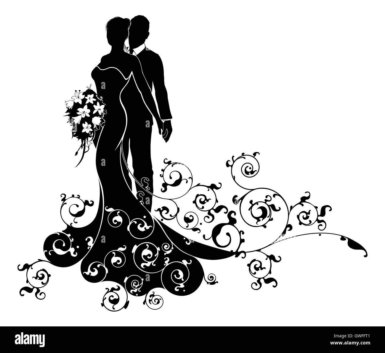 A bride and groom wedding couple in silhouette with the bride in a bridal dress gown holding a floral bouquet of flowers and an Stock Photo