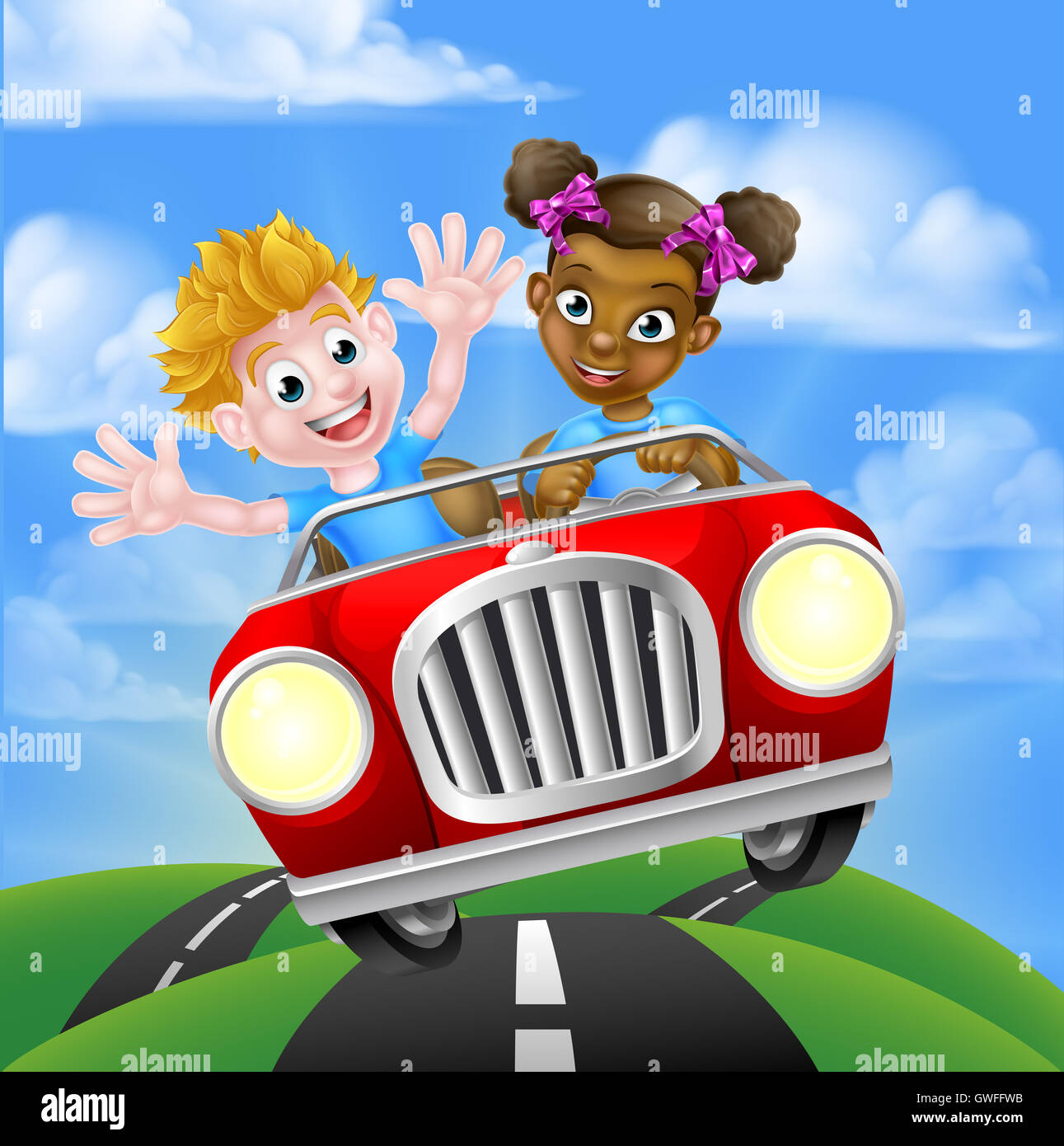 Cartoon boy and girl having fun driving car on a road trip Stock Photo