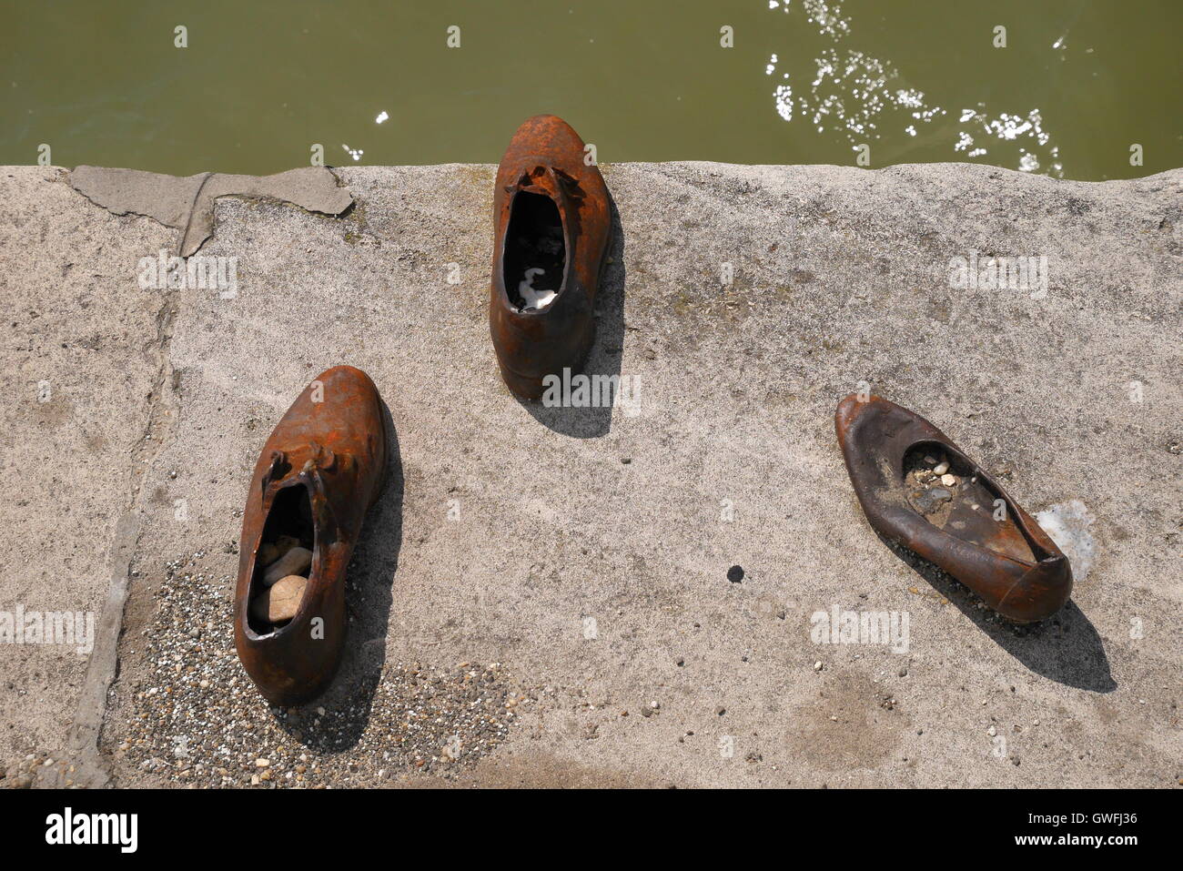 The shoes on the Danube memorial to Hungarian Jews shot by Arrow Cross militiamen in 1944-1945, Budapest, Hungary Stock Photo