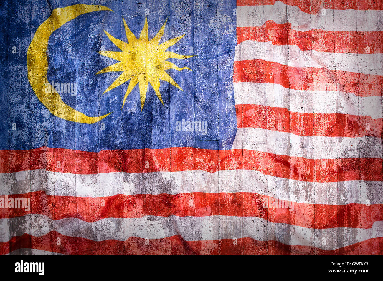 Grunge style of Malaysia flag on a brick wall for background Stock Photo