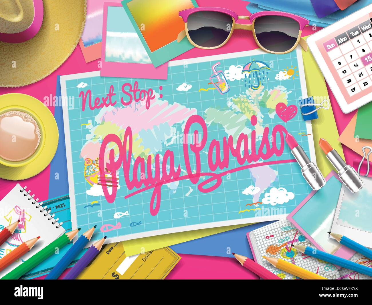 Playa Paraiso on map, top view of colorful travel essentials on table ...