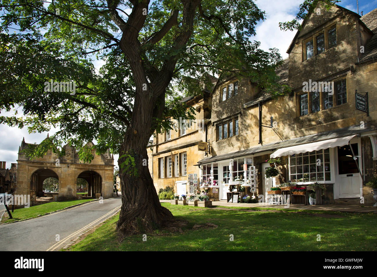 Chipping Campden Old Market Hall, Frankie Doodle, Bay Tree Florist Stock Photo