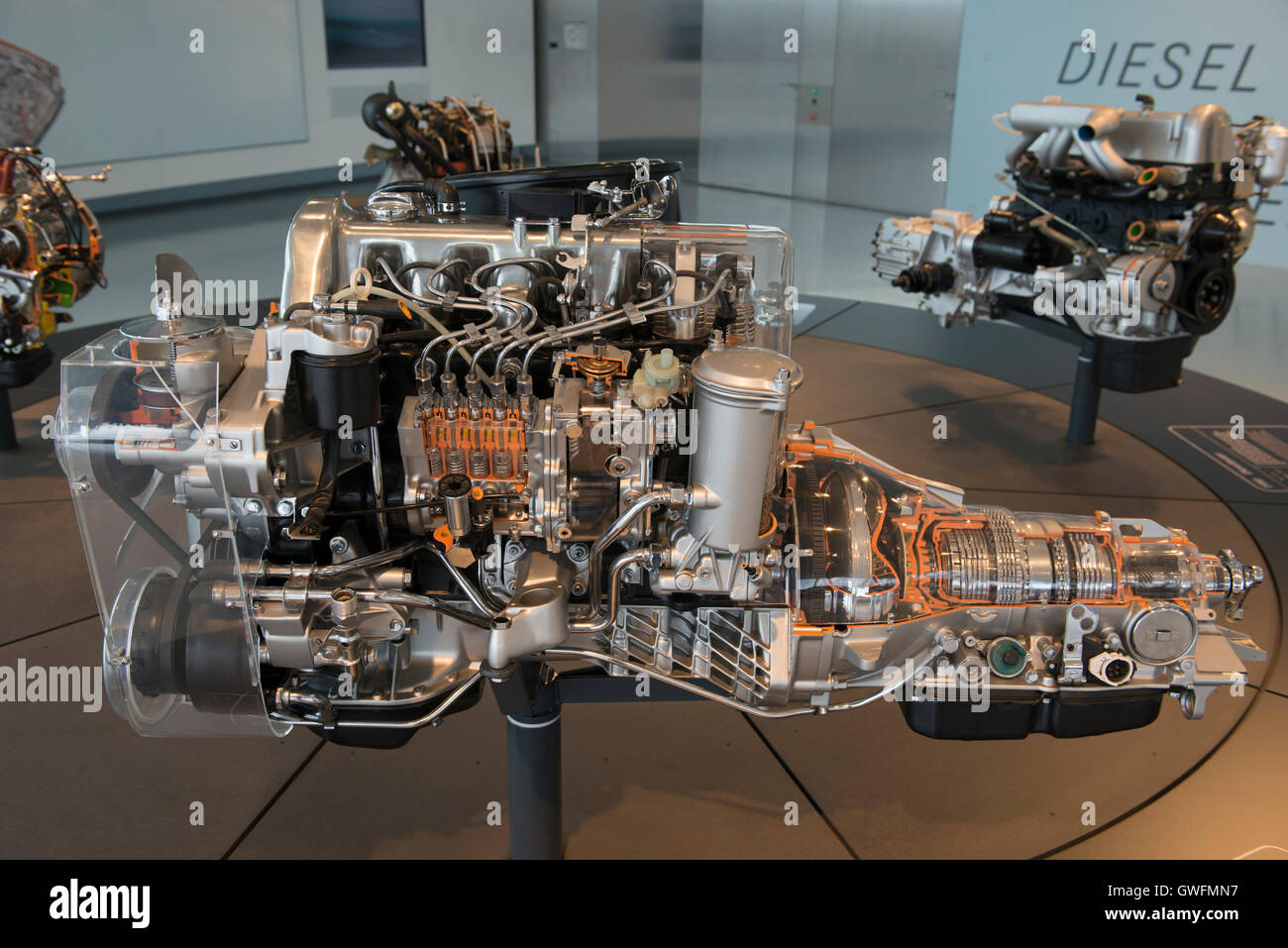 1980 Diesel engine, cut-away model, with automatic transmission and turbocharger, Mercedes-Museum, Stuttgart, Germany Stock Photo