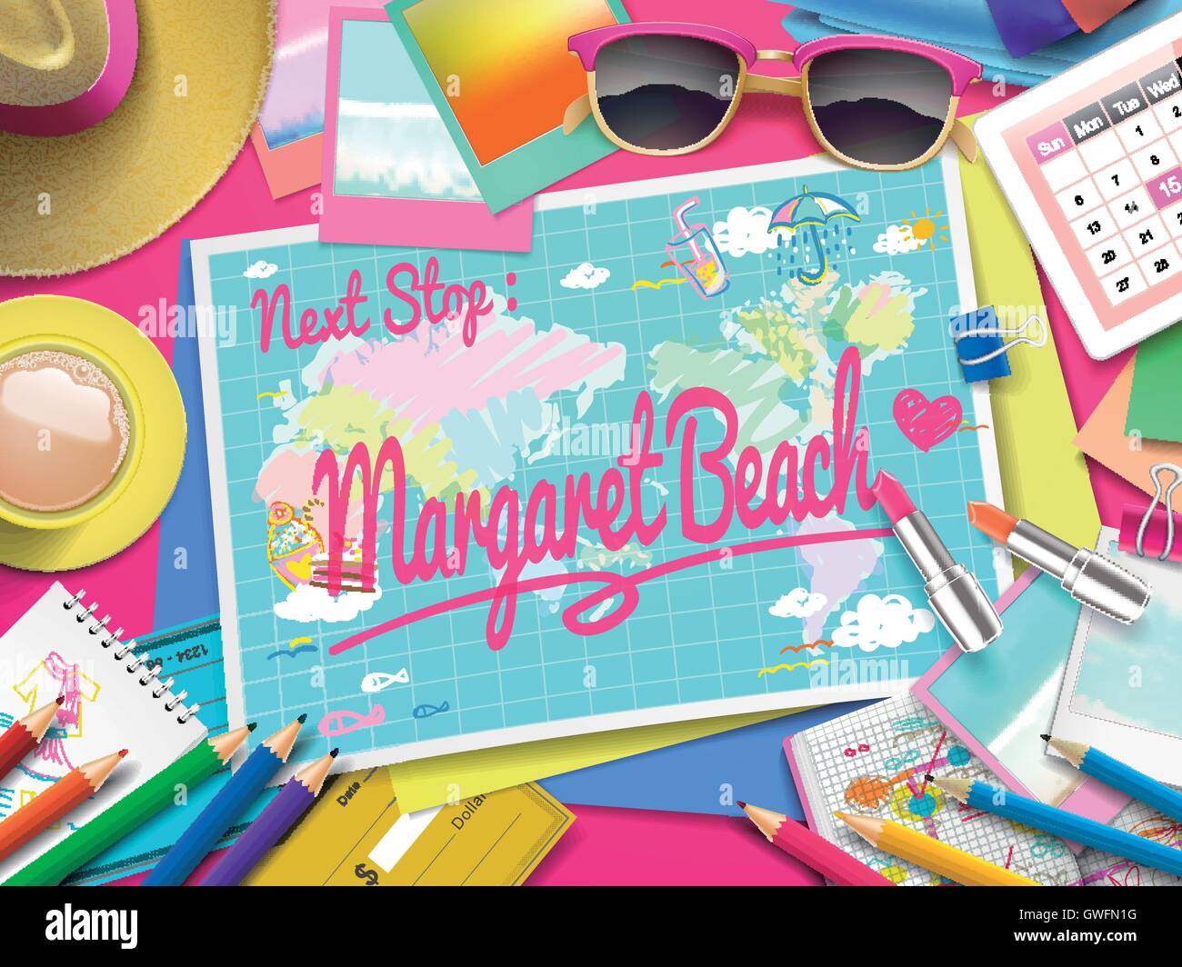 Margaret River Beach on map, top view of colorful travel essentials on