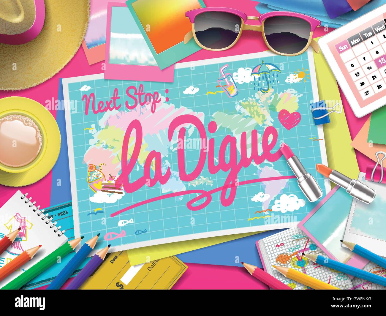 La Digue on map, top view of colorful travel essentials on table Stock ...