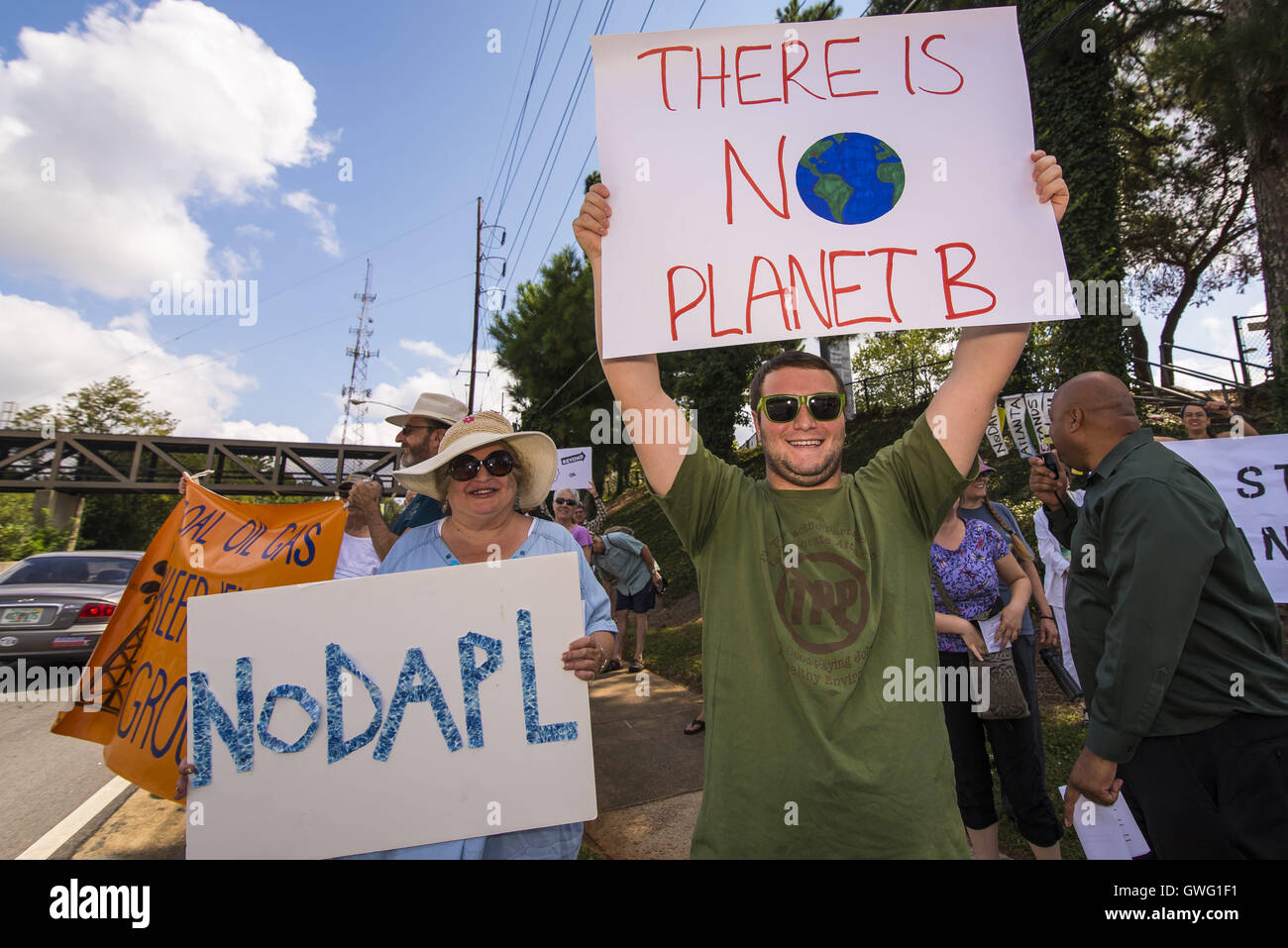 Decatur, Georgia, USA. 13th Sep, 2016. The Georgia Chapter of the Sierra Club holds a rally in Decatur, Georgia to demonstrate opposition to the building of the Dakota Access Pipeline and show support for the indigenous leaders in North Dakota who are protesting against its construction. The organizers of the rally call on President Obama to instruct the Army Corps of Engineers to revoke the construction permits for the oil pipeline. Credit:  Steve Eberhardt/ZUMA Wire/Alamy Live News Stock Photo