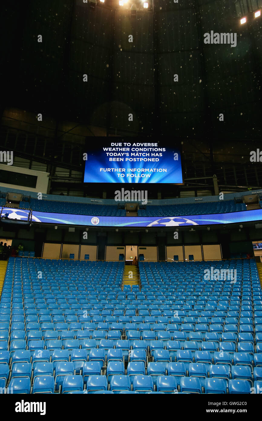 Manchester, UK. 13th Sep, 2016. A general view Football/Soccer : The big screen announcing that due to the weather condition the match has been postponed during the UEFA Champions League Group Stage match between Manchester City and Borussia Monchengladbach at Etihad Stadium in Manchester, England . Credit:  AFLO/Alamy Live News Stock Photo