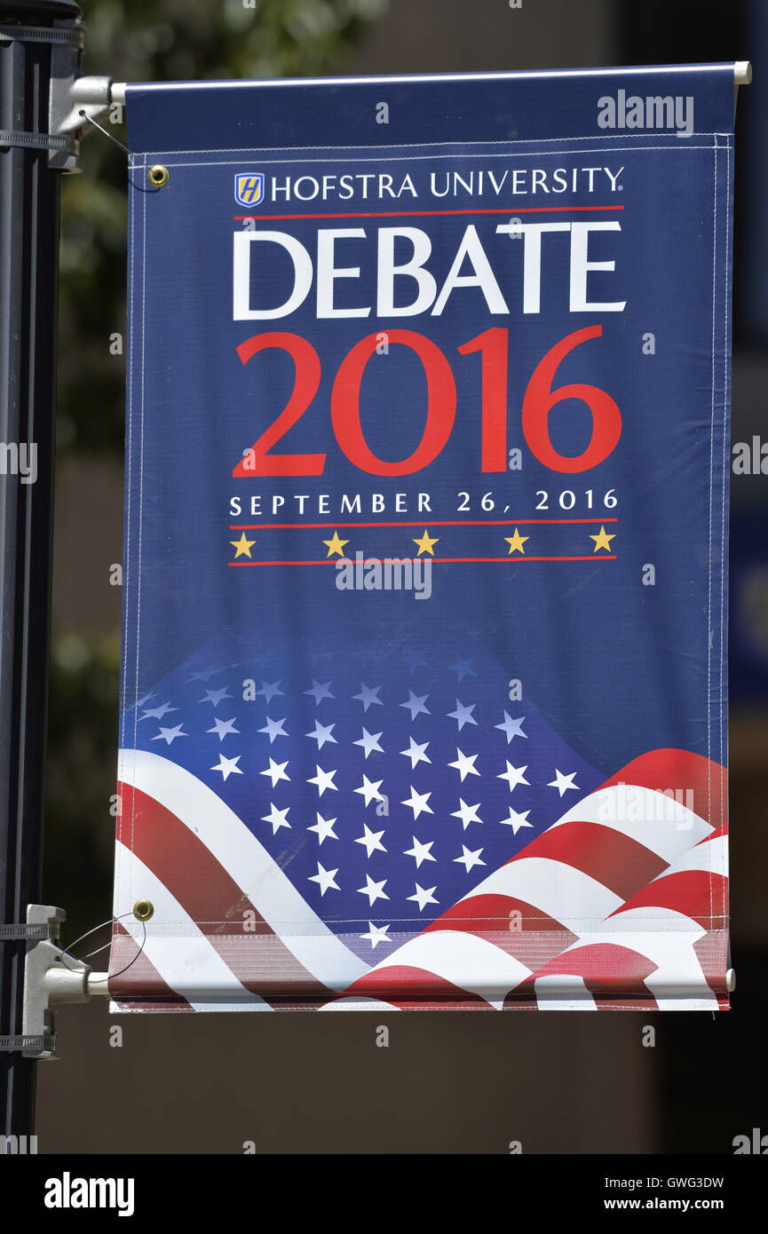 Hempstead, New York, USA. 13th Sep, 2016. Hofstra University Debate 2016 banner, with American flag in patriotic red white and blue, is one of many displayed on the campus of Hofstra University, which will host the first Presidential Debate, between H.R. Clinton and D. J. Trump, scheduled for later that month on September 26. Hofstra is first university ever selected for 3 consecutive U.S. presidential debates. © Ann Parry/ZUMA Wire/Alamy Live News Stock Photo