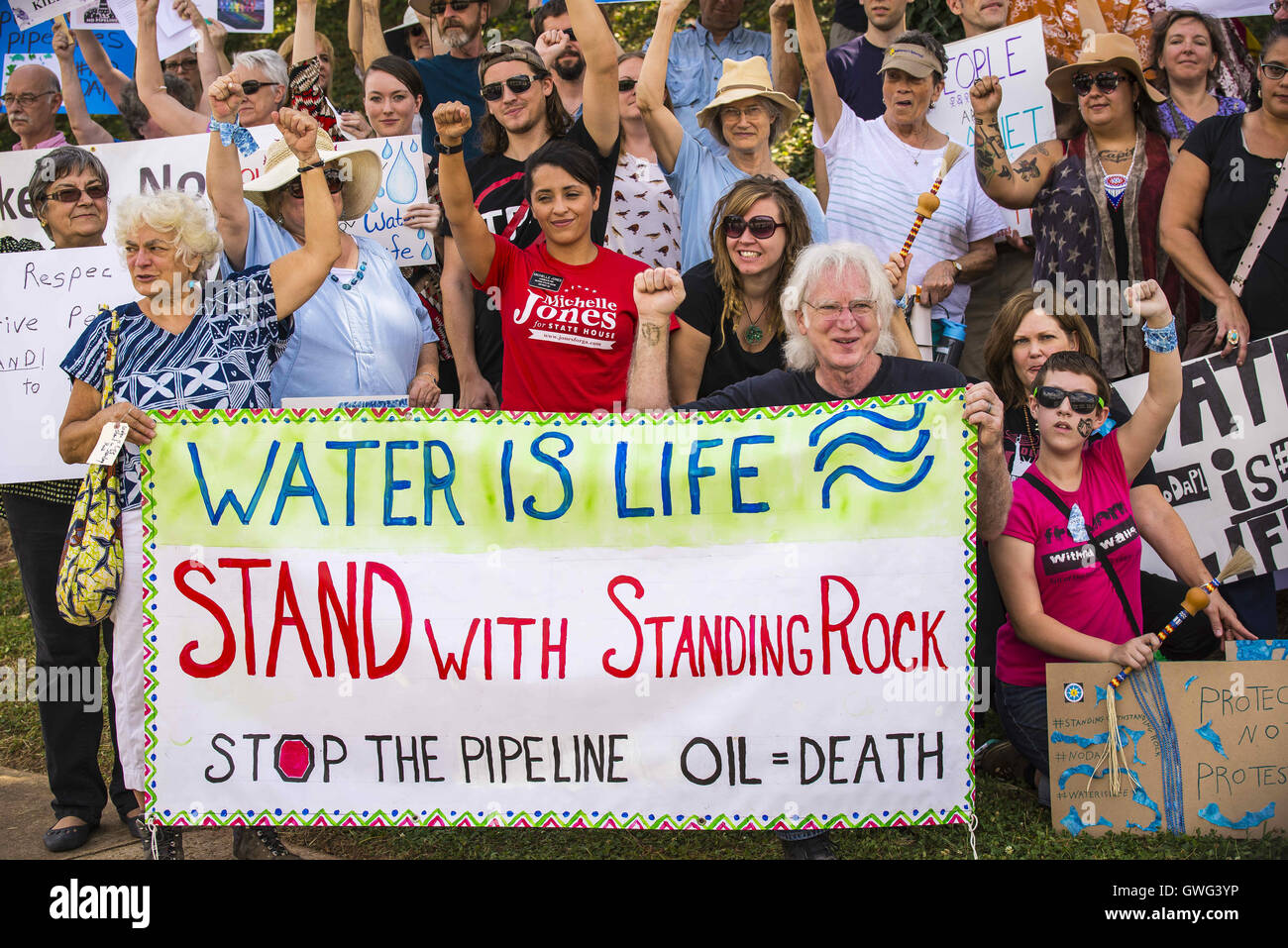 Decatur, Georgia, USA. 13th Sep, 2016. The Georgia Chapter of the Sierra Club holds a rally to demonstrate opposition to the building of the Dakota Access Pipeline and show support for the indigenous leaders in North Dakota who are protesting against its construction. The organizers of the rally call on President Obama to instruct the Army Corps of Engineers to revoke the construction permits for the oil pipeline. © Steve Eberhardt/ZUMA Wire/Alamy Live News Stock Photo