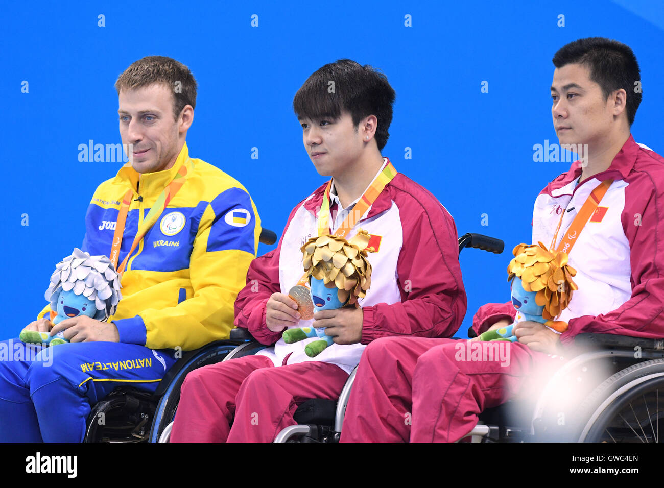 Rio de Janeiro, Brazil. 13th Sep, 2016. (L-R) Dmytro Vynohradets (UKR), Wenpan Huang, Hanhua Li (CHN) Swimming : Men's 50m Freestyle S3 Medal Ceremony at Olympic Aquatics Stadium during the Rio 2016 Paralympic Games in Rio de Janeiro, Brazil . Credit:  AFLO SPORT/Alamy Live News Stock Photo