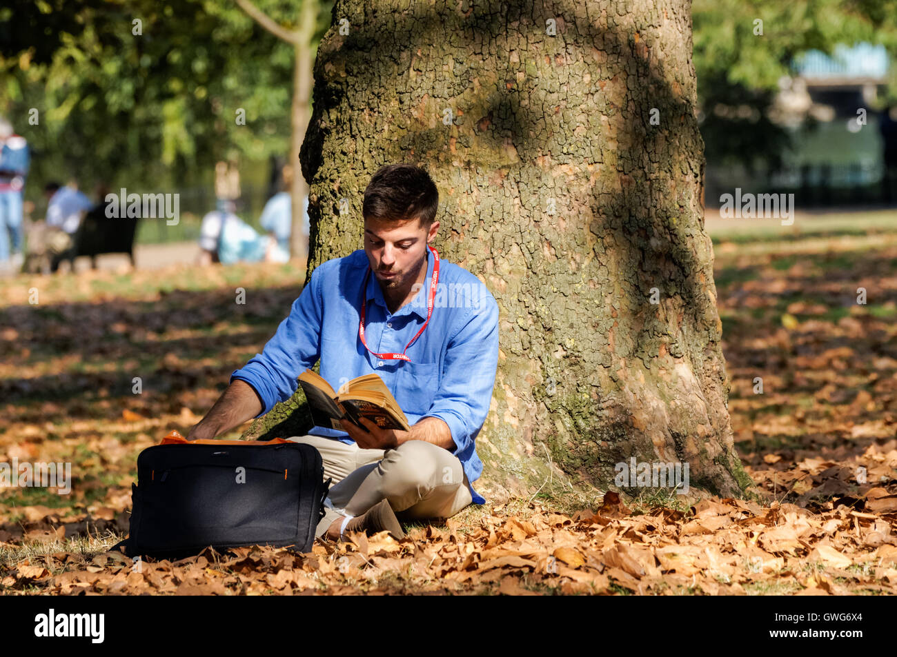 Young man sitting and reading book in a park Stock Photo - Alamy