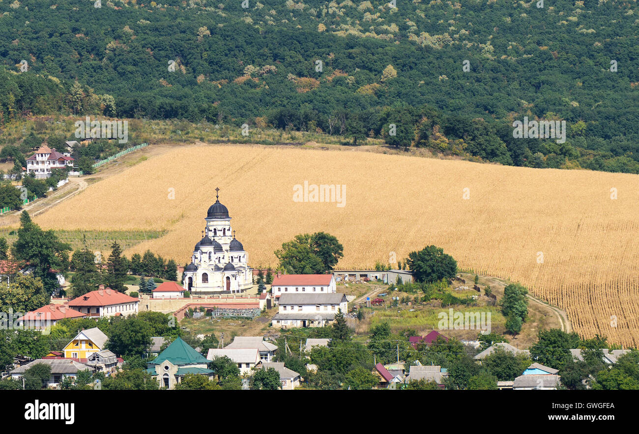 Landscape view with Capriana Monastery and the village in Moldova ...