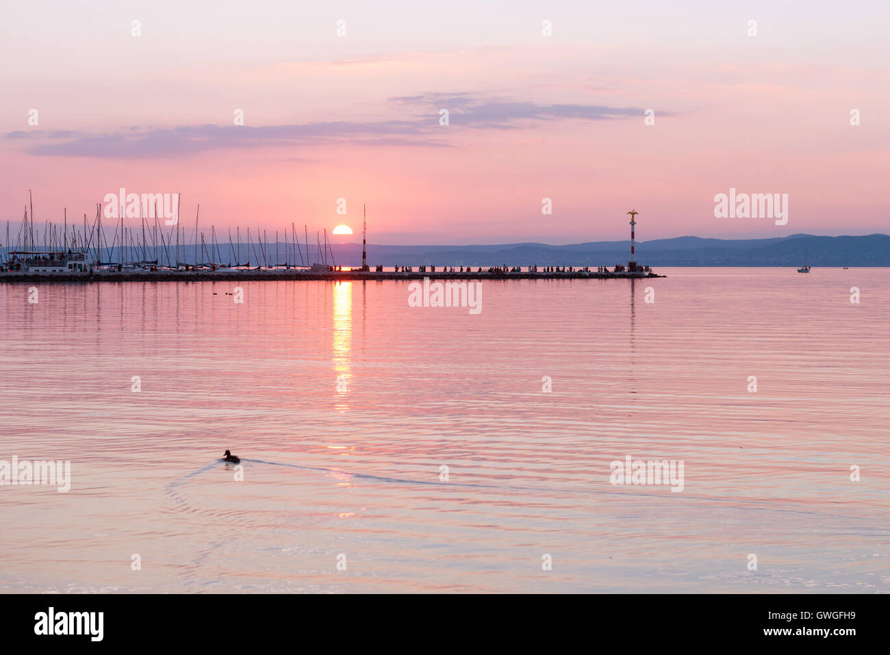 Sunset over Lake Balaton in Siofok, Hungary Stock Photo