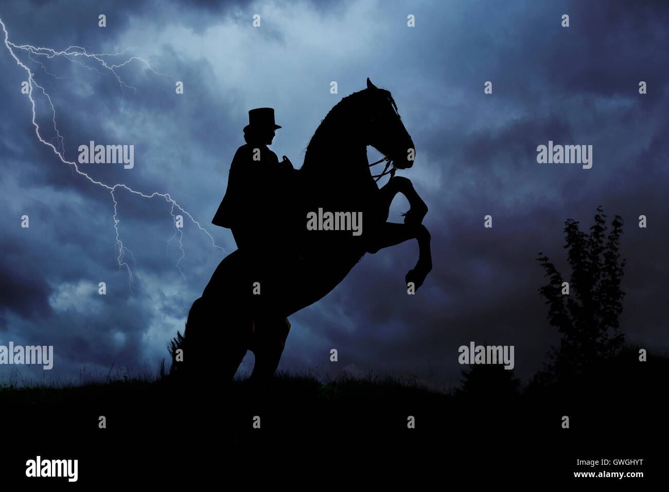 Freiberger Horse, Franches-Montagnes. Rider with costume and sidesaddle on a rearing horse, seen against a cloudy sky with thunderstorm. Switzerland Stock Photo