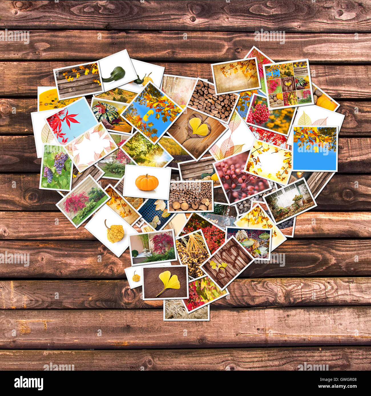Autumnal photos heart collage, wooden planks background Stock Photo