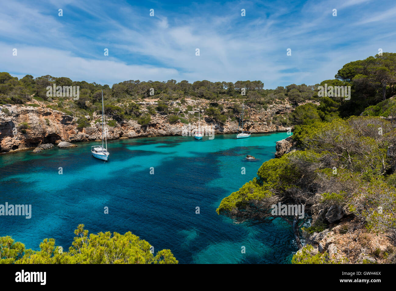 Sail yachts in bay near Cala Pi Mallorca Stock Photo