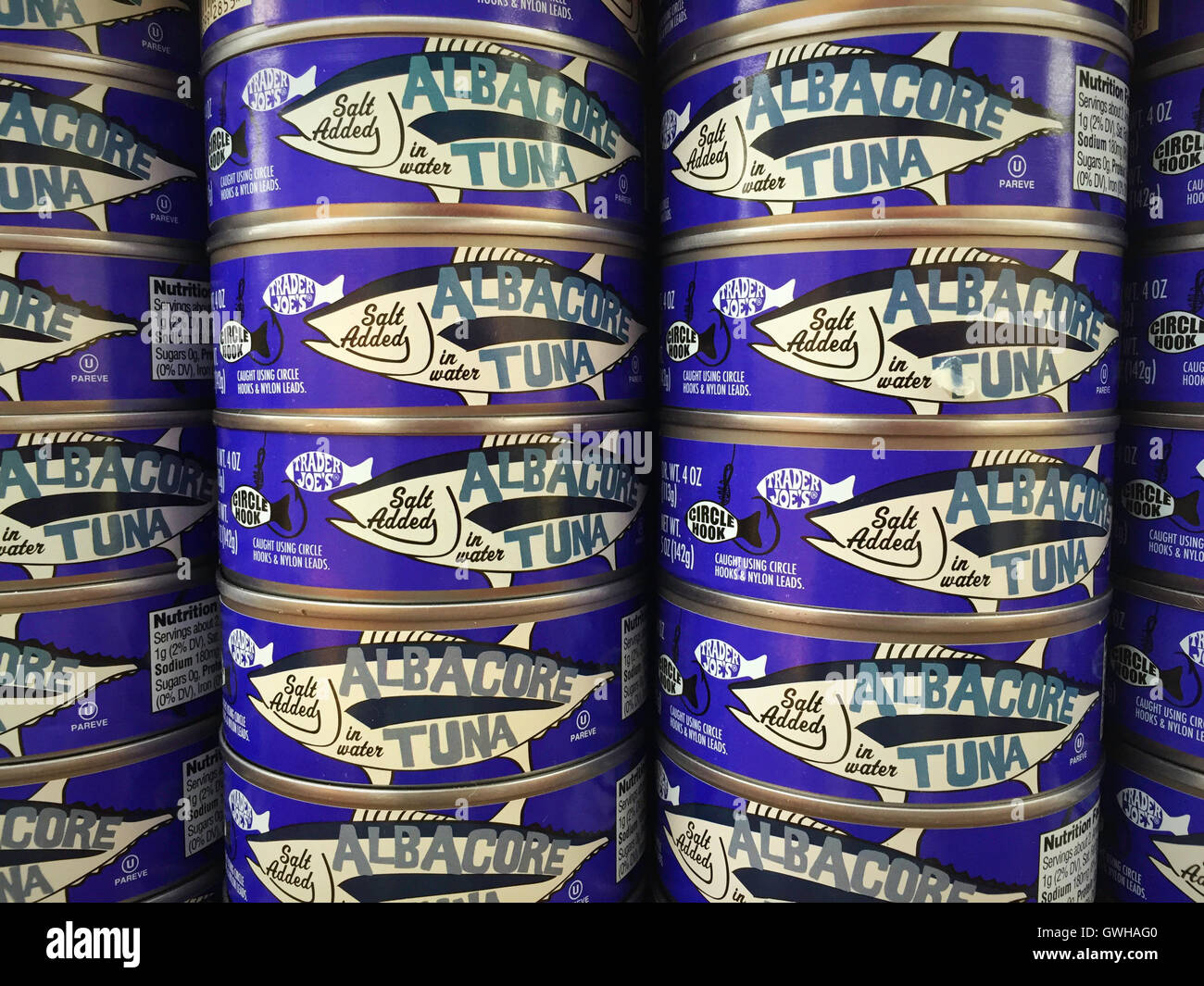 Close up of Stack of  Albacore Tuna Cans in Grocery Store, USA Stock Photo