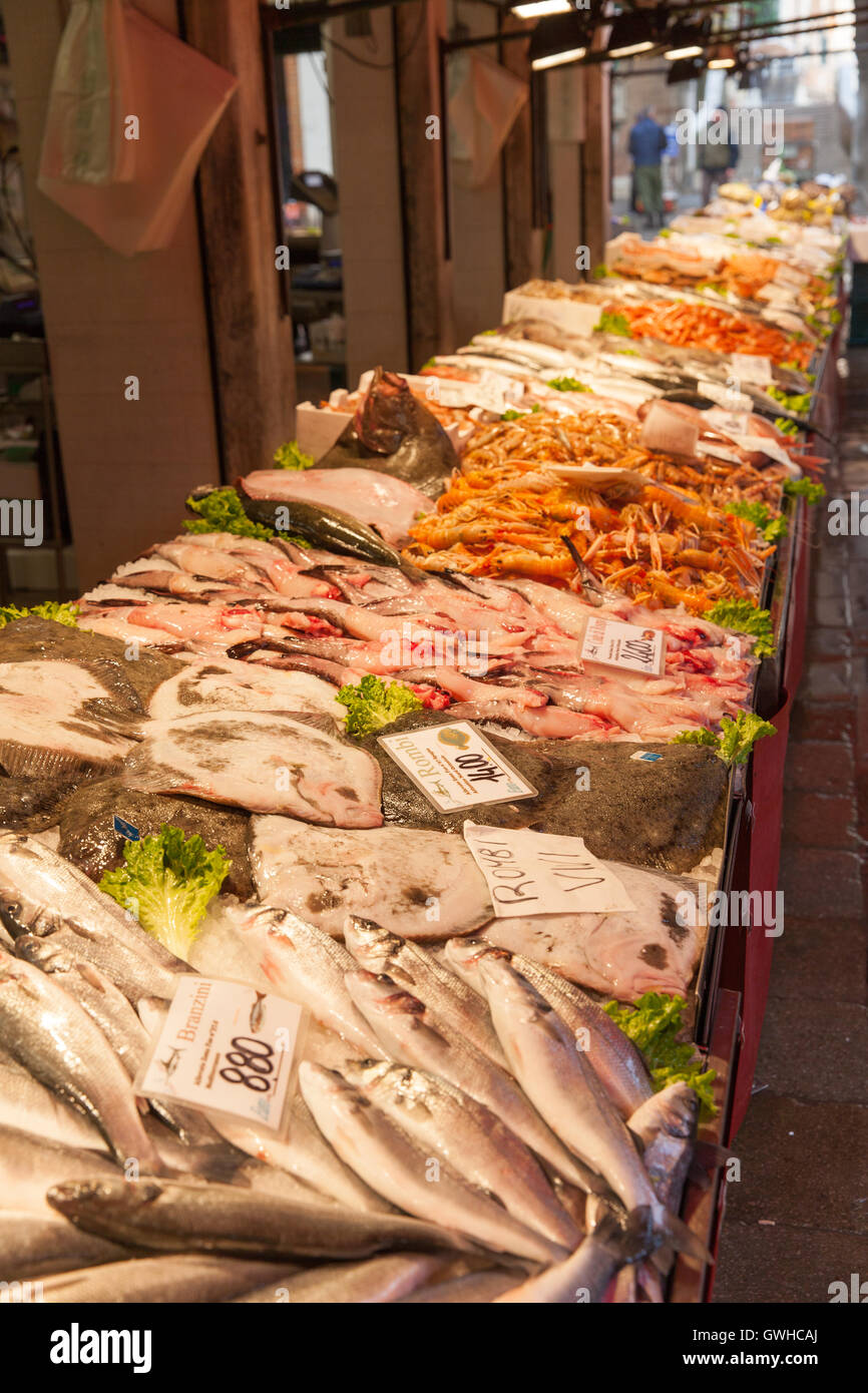 Fresh fish for sale on market stall at Mercato di Rialto Venice Igtaly Stock Photo