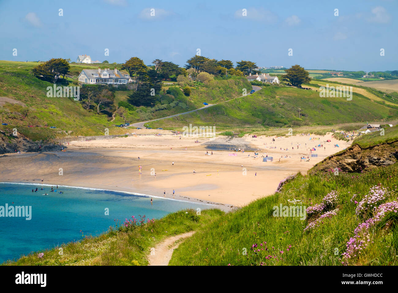 Poldhu Cove and beach, Mullion, Cornwall UK beach from the South West ...
