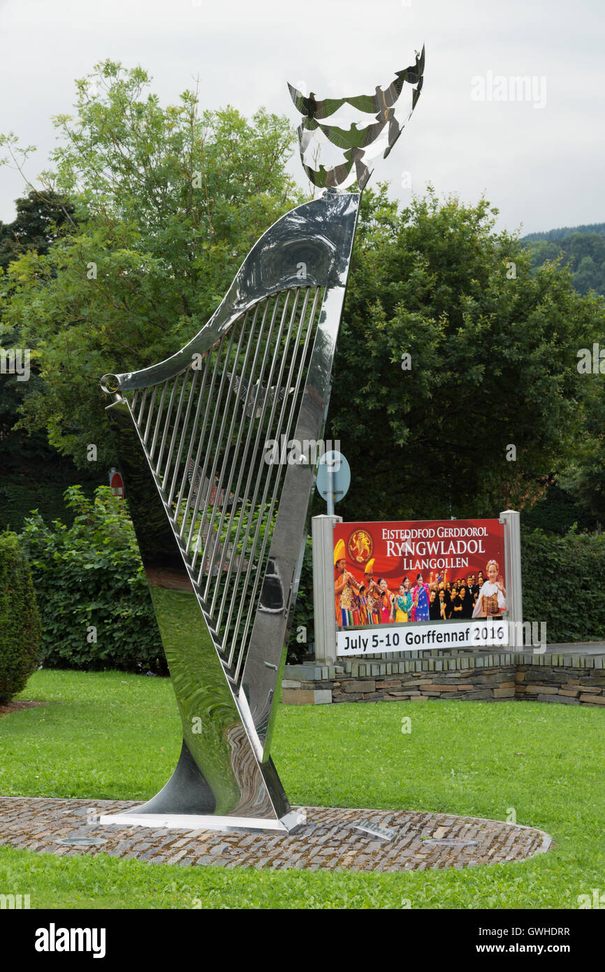 Harp and Doves or Doves of Peace public art sculpture at the entrance to the Llangollen International Eisteddfod venue Stock Photo