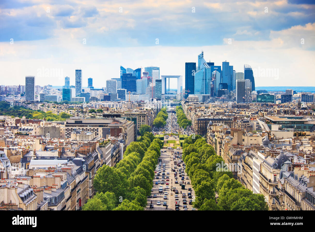 La Defense business area, La Grande Armee avenue. View from Arc de Triomphe. Paris, France, Europe. Stock Photo