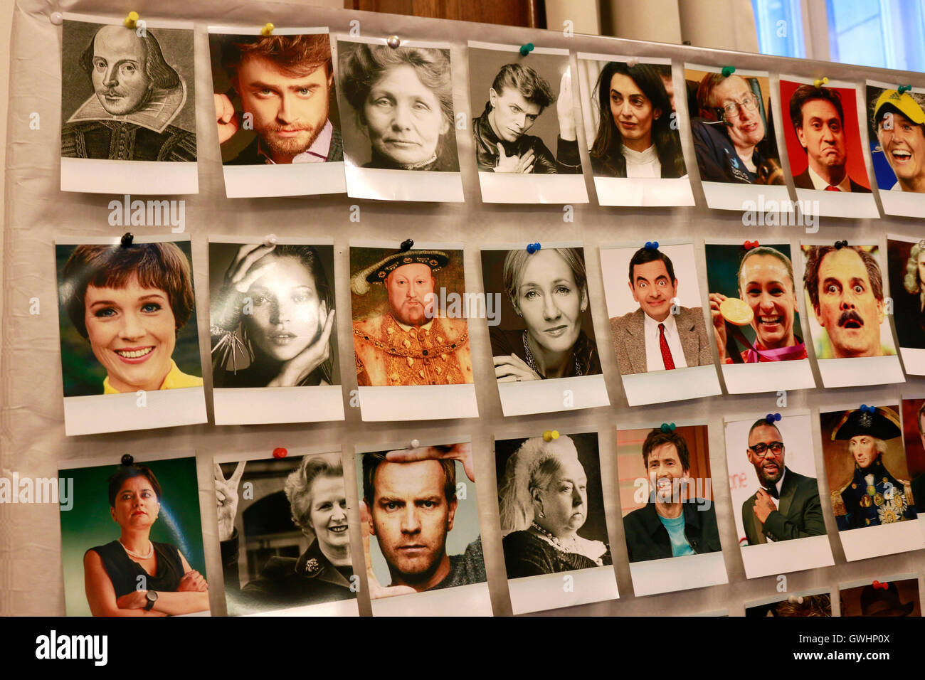 Werbung gegen den Brexit: Bilder britischer Prominenter wie Mr Bean, Henry 8, Joanne K. Rowling, Kate Moss, William Shakespeare, Stock Photo
