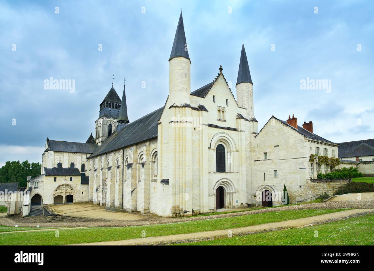 Fontevraud Abbey landmark, west facade church. Religious building. Loire Valley. France, Europe. Stock Photo