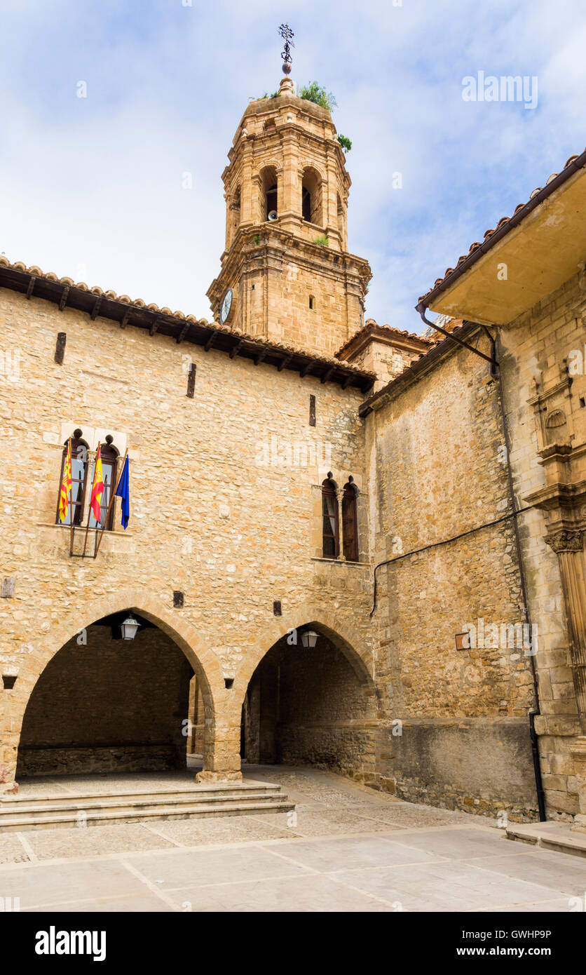 Bell tower of the Church of the Purification and the old town hall La Iglesuela del Cid, Teruel, Aragon, Spain Stock Photo