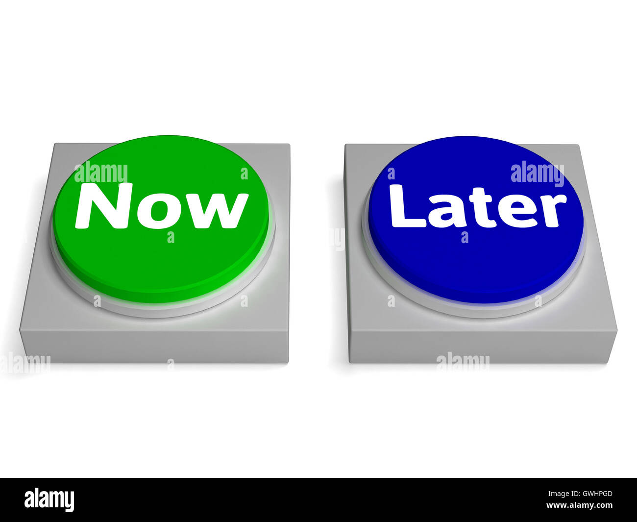 Now later Buttons Shows Urgency Or Delay Stock Photo
