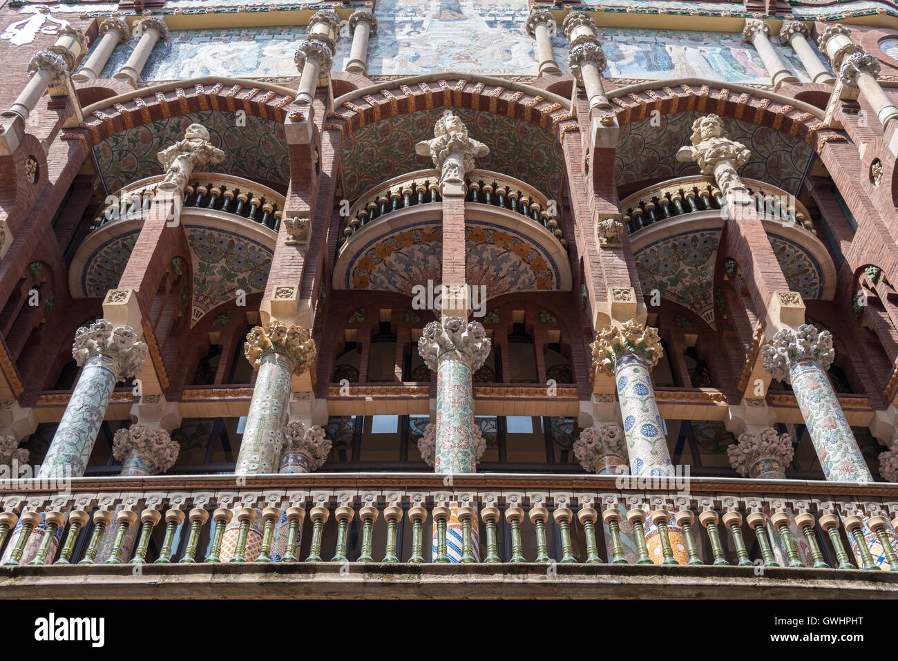 The lavish interior of the Palau de la Musica Catalana, with it's ornate stained glass, decorated stonework and creative design. Stock Photo