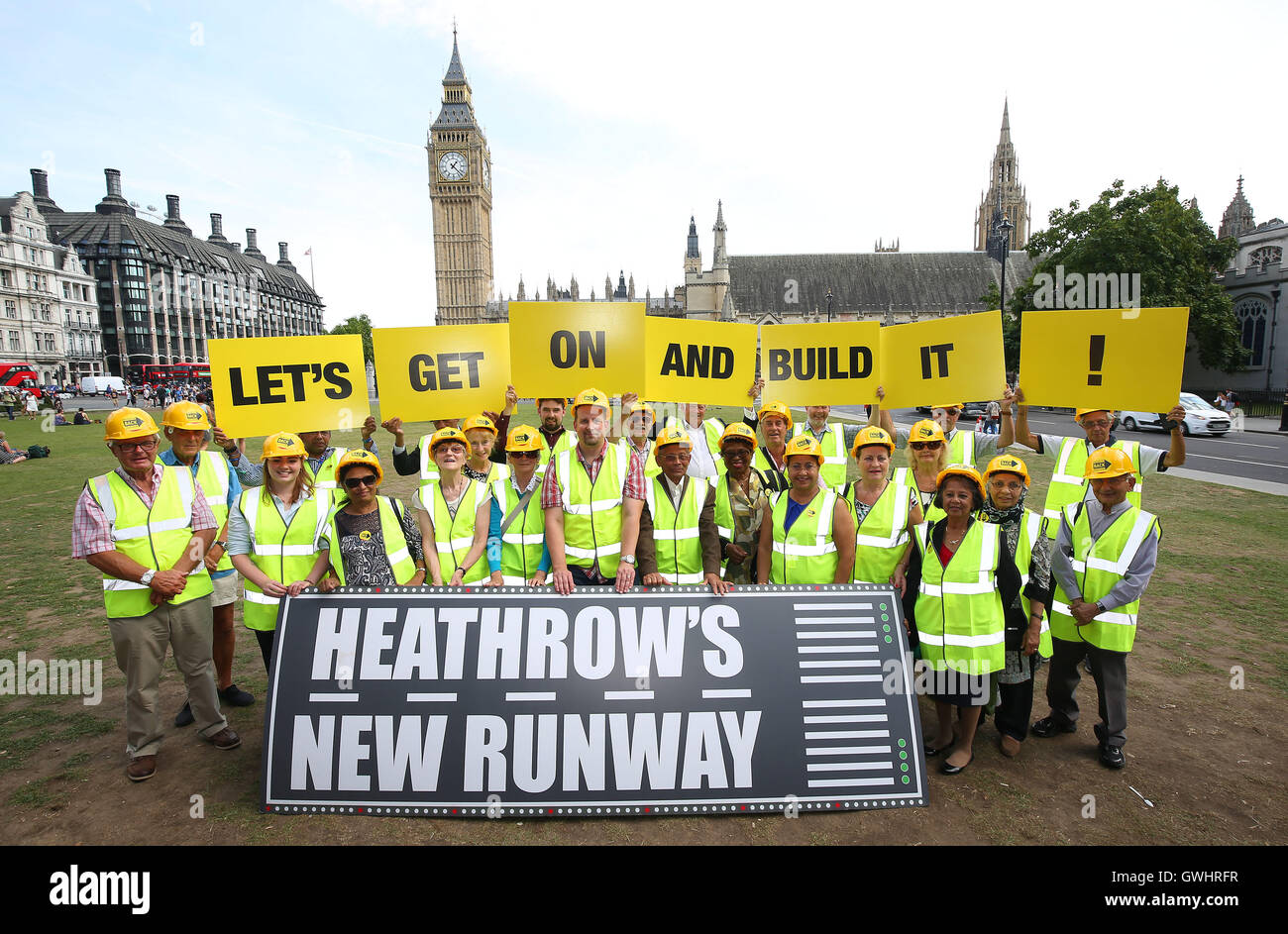 Heathrow pro-expansion residents on Parliament Square in London before handing a petition into Downing St, they are urging the Prime Minster to get on and build the new runway at the airport. Stock Photo