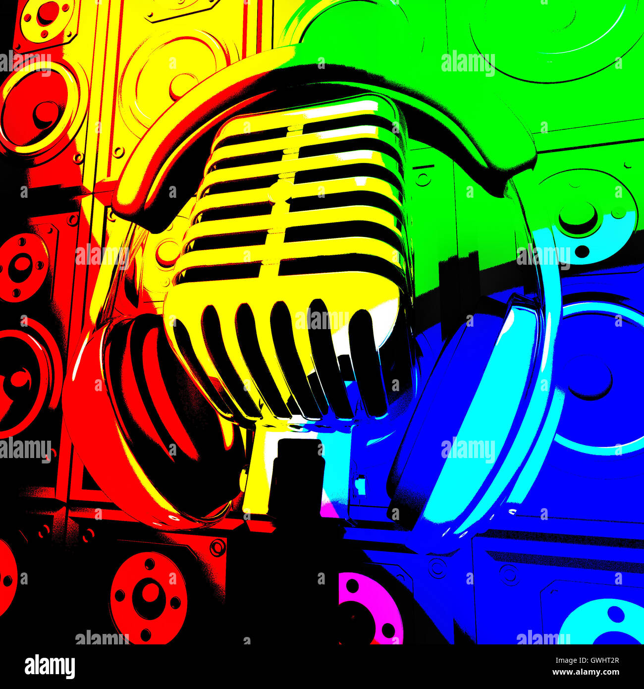 Headphones Mic And Speakers Shows Music Recording Or Entertainme Stock Photo