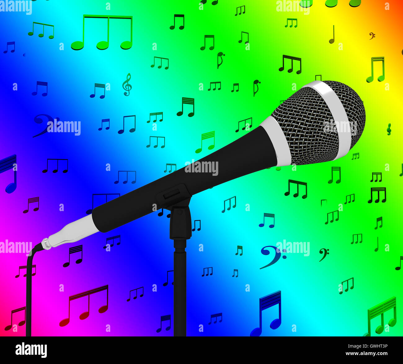 Microphone Closeup With Musical Notes Shows Songs Or Hits Stock Photo
