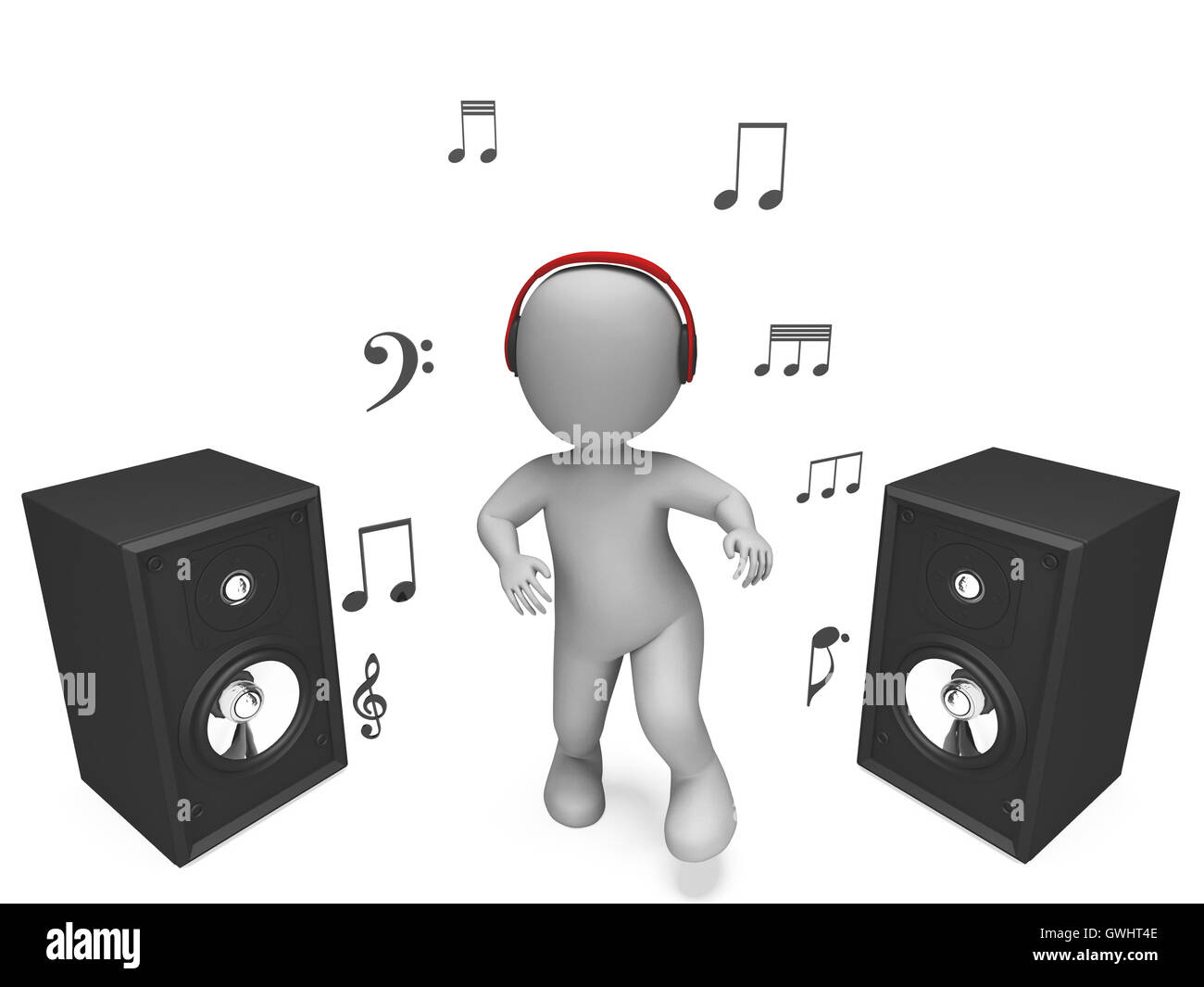 Listening Music Character Shows Headset Speakers And Songs Stock Photo