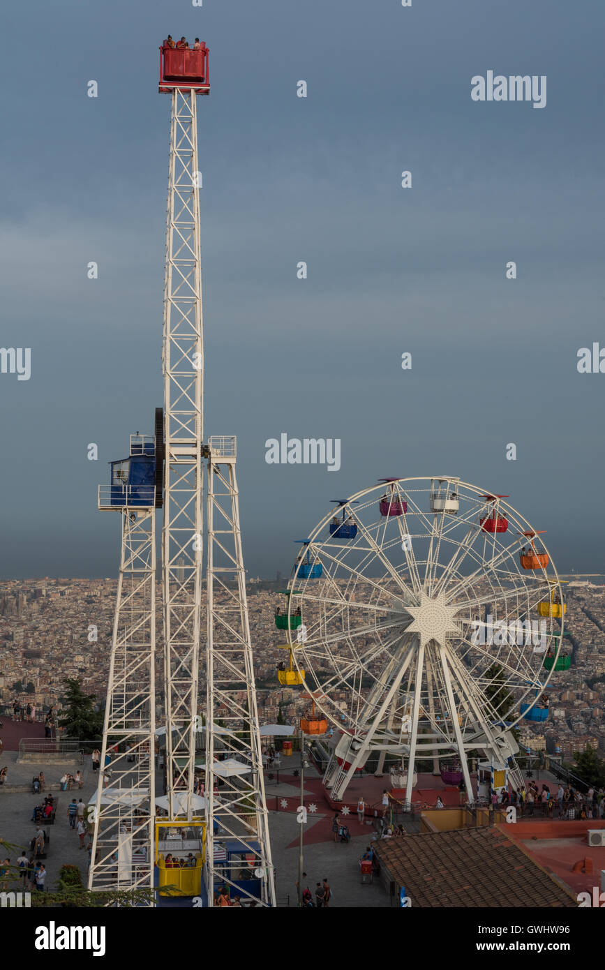 Rides at the 100 yr old vintage amusement park on the hill of Tibidabo
