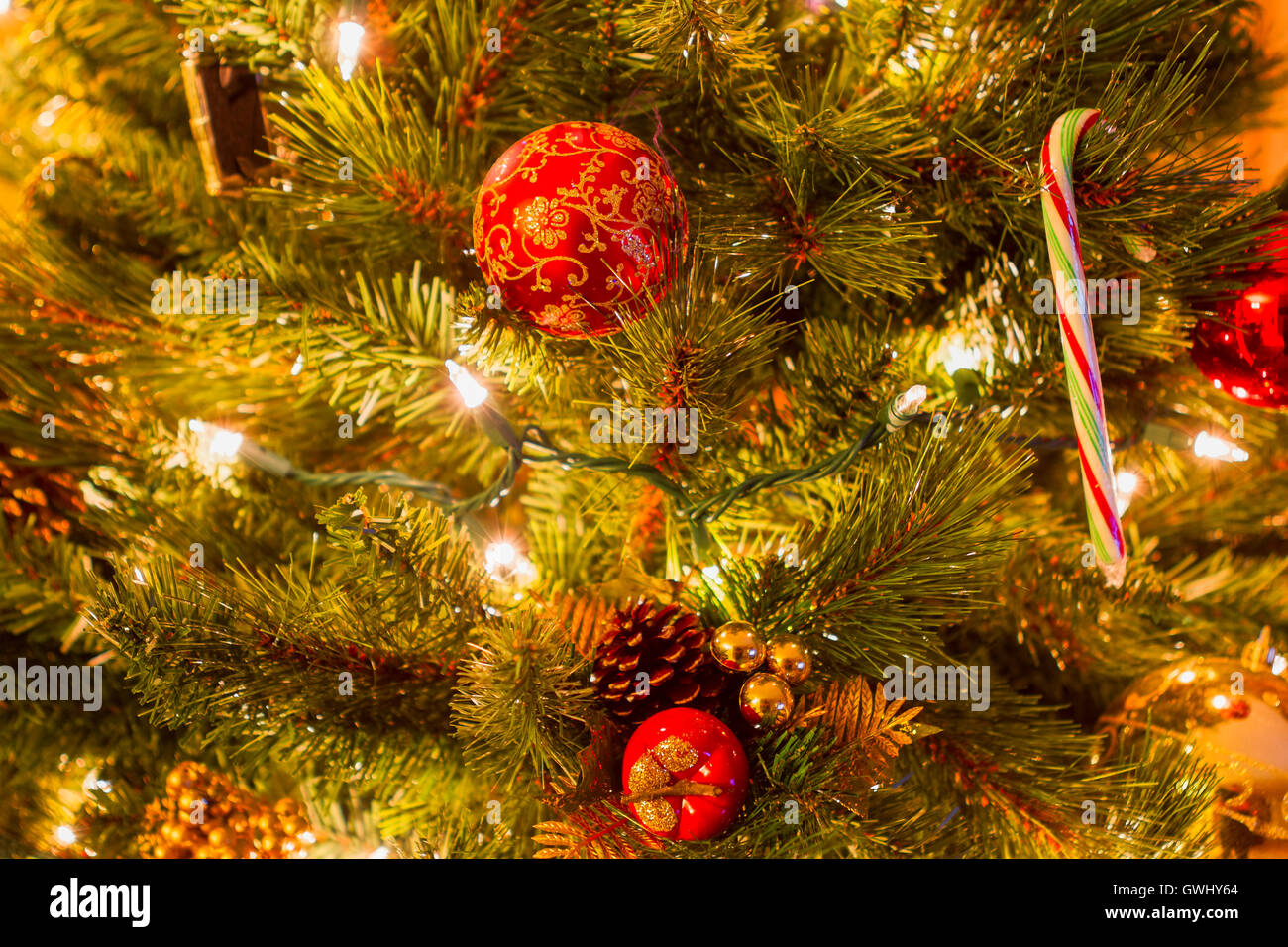Bright colorful decorations on a Christmas Tree Stock Photo Alamy