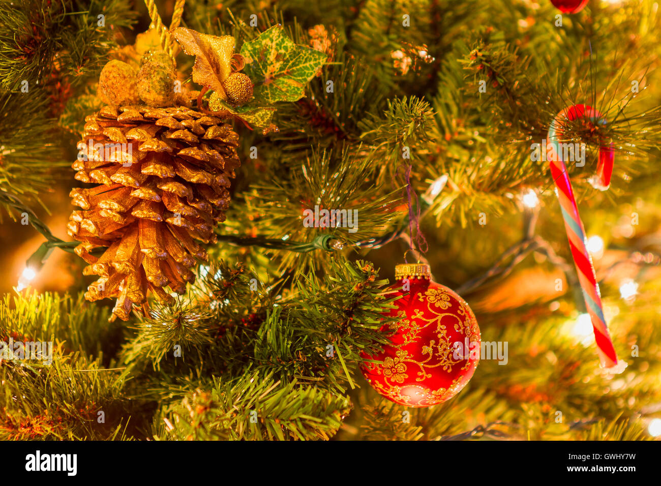 Bright colorful decorations on a Christmas Tree Stock Photo Alamy