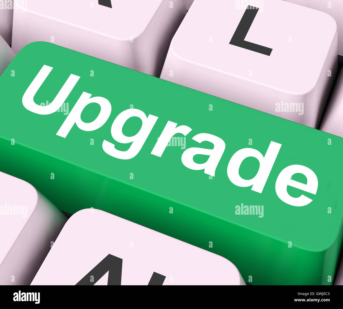 Upgrade Key Means Improve Or Update Stock Photo