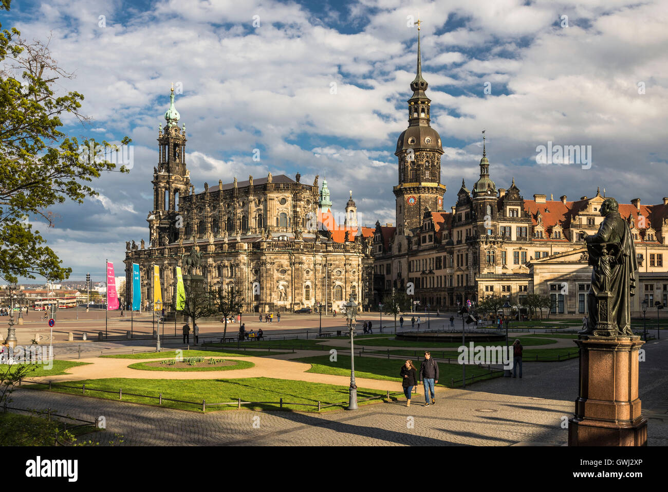 Dresden, Theaterplatz, Carl Maria von Weber Denkmal, Hofkirche und Residenzschloss, Stock Photo