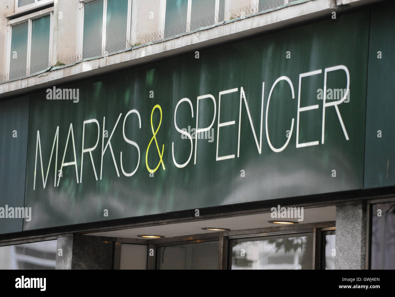 Swansea, Wales, UK. Alamy Stock. A Marks & Spenser sign on a UK high street Stock Photo