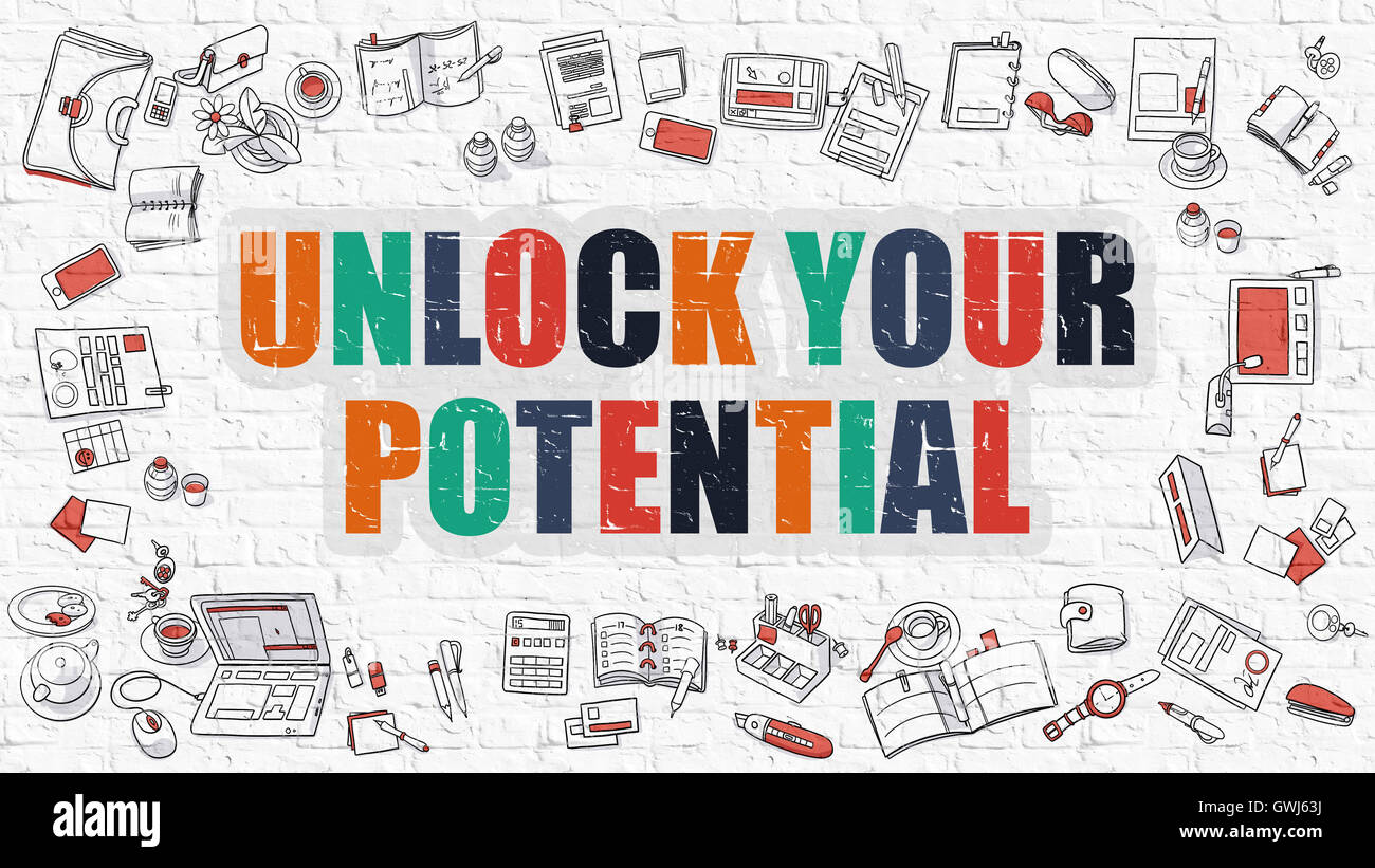Unlock Your Potential Concept with Doodle Design Icons. Stock Photo