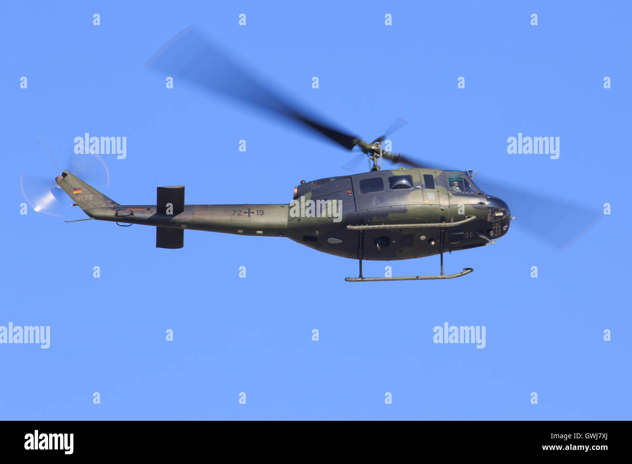 UH-1 Helicopter landing at Stuttgart international airport Stock Photo