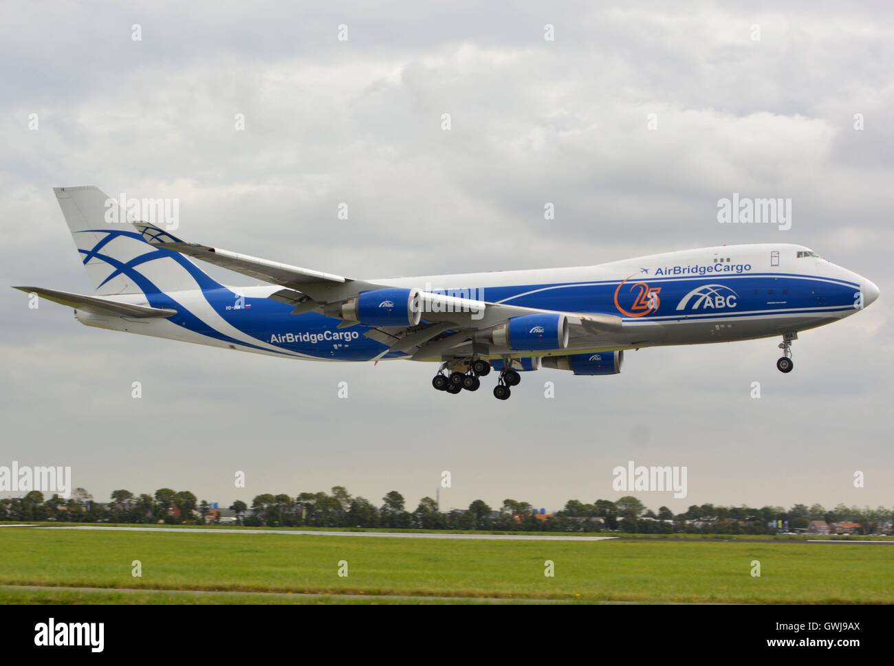 Boeing B747-400F from Air Bridge Cargo just about to touch down in Amsterdam Stock Photo