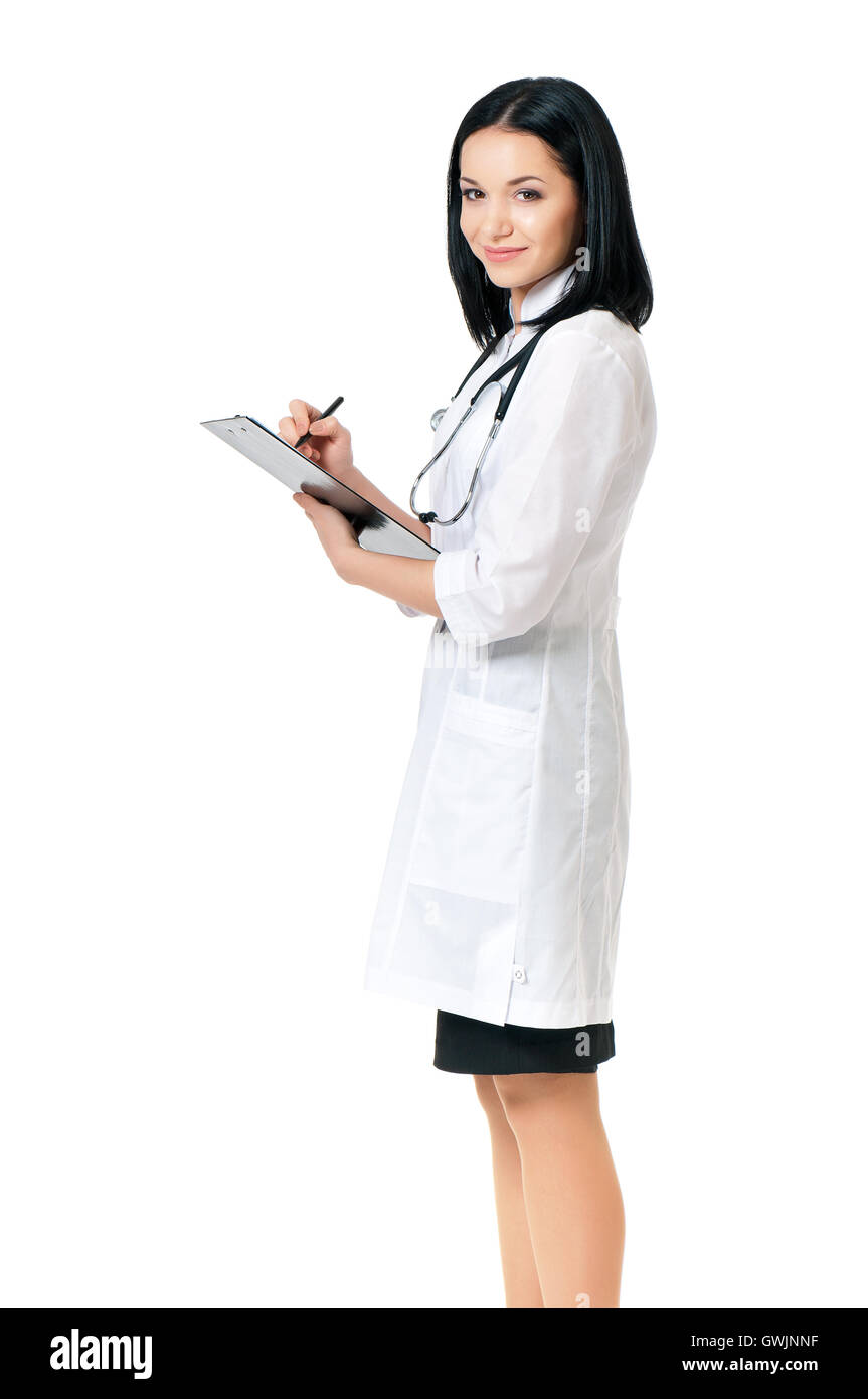 Female doctor holding clipboard Stock Photo