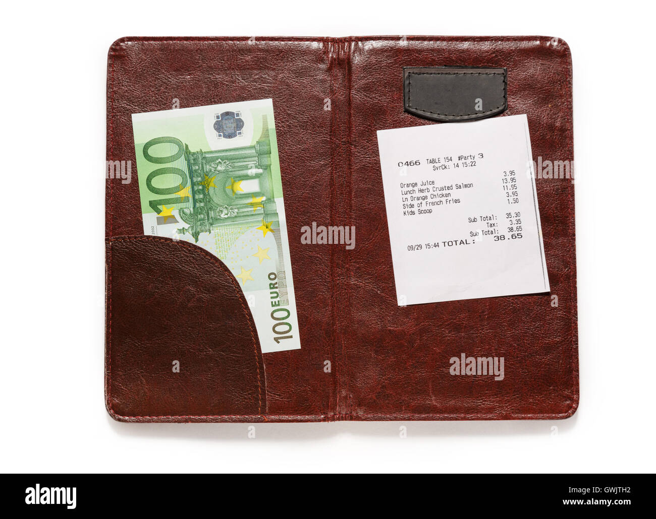 Open check folder with bill and euro banknotes Stock Photo