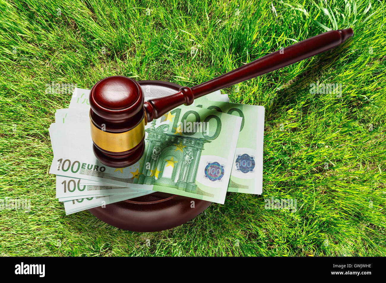 Wooden judge's gavel and one hundred euro banknotes Stock Photo
