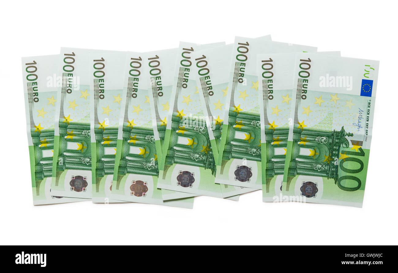 One hundred euro banknotes on white background Stock Photo - Alamy