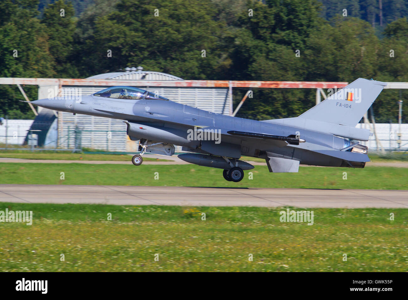 F16 fighter jet of the Belgian Air Force, performs a demonstration flight during an air show in Silac Stock Photo